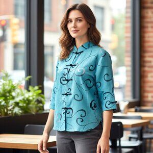 Miniye Asian Kimono Top Blouse Blue Linen Blend Partially Sheer Womens XL NEW